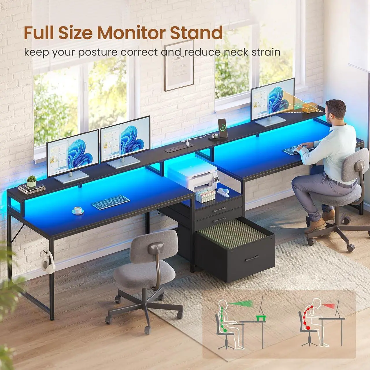 Alt view image 3 of 7 - 96.5" Office Desk, 2 Person Computer Desk with 3 Fabric Drawers & Power Strip, Long Gaming Desk with LED Light & Monitor Stand for Home Office, Black