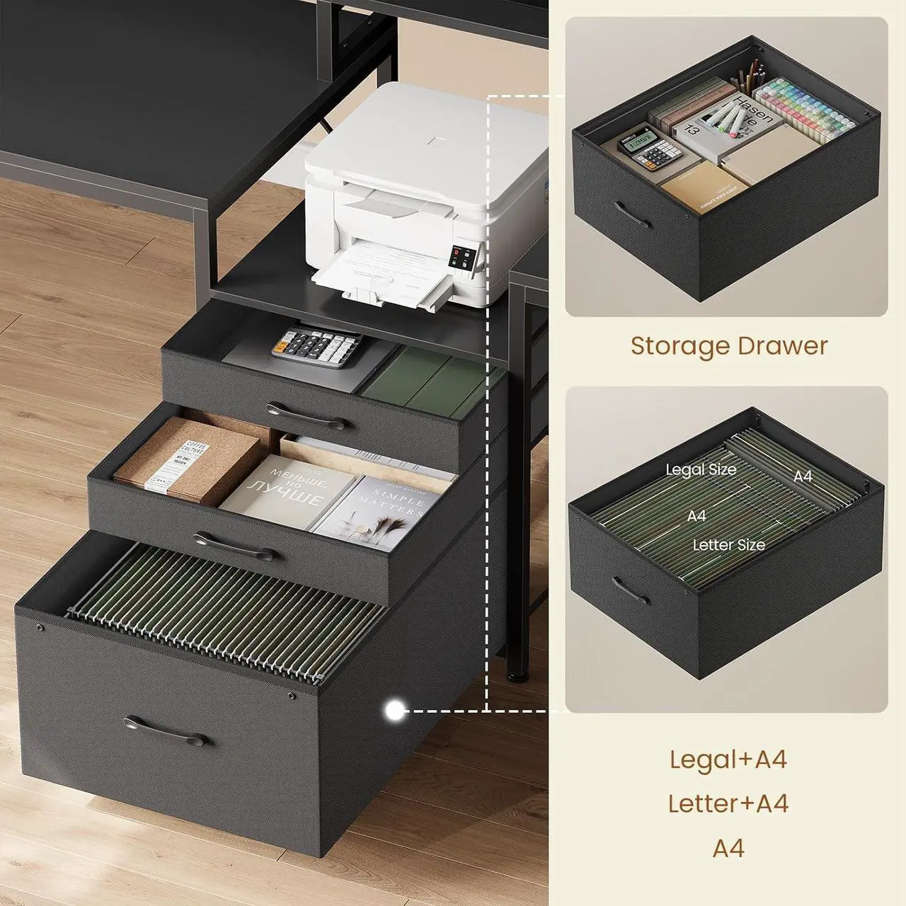 Alt view image 5 of 7 - 96.5" Office Desk, 2 Person Computer Desk with 3 Fabric Drawers & Power Strip, Long Gaming Desk with LED Light & Monitor Stand for Home Office, Black