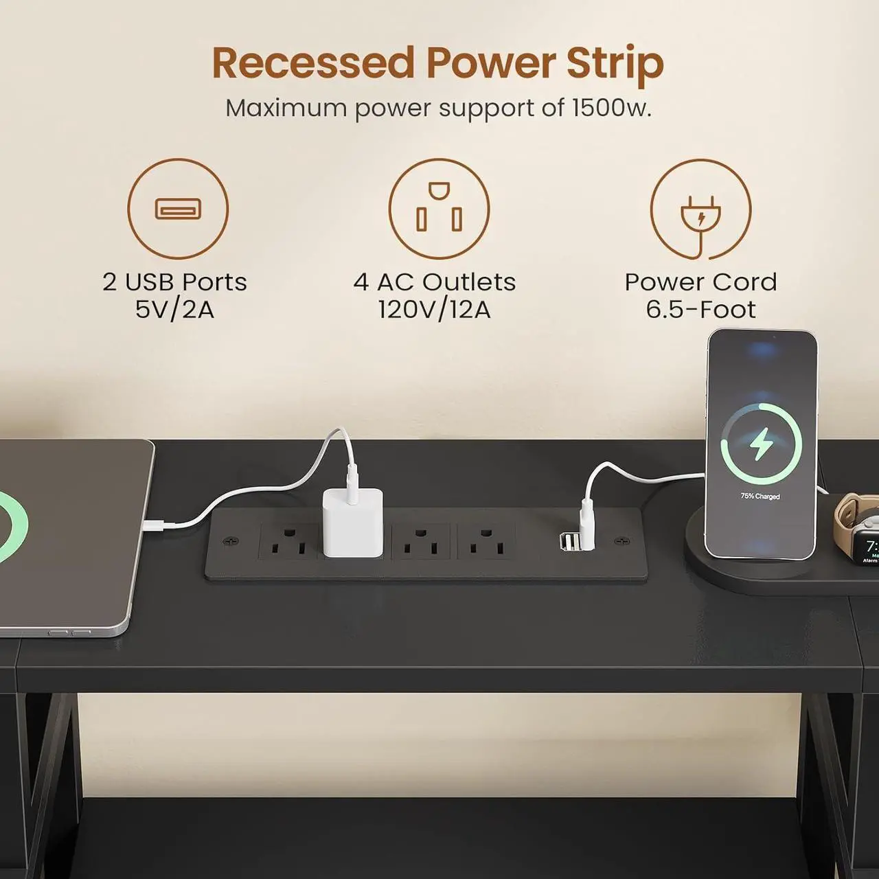 Alt view image 7 of 7 - 96.5" Office Desk, 2 Person Computer Desk with 3 Fabric Drawers & Power Strip, Long Gaming Desk with LED Light & Monitor Stand for Home Office, Black