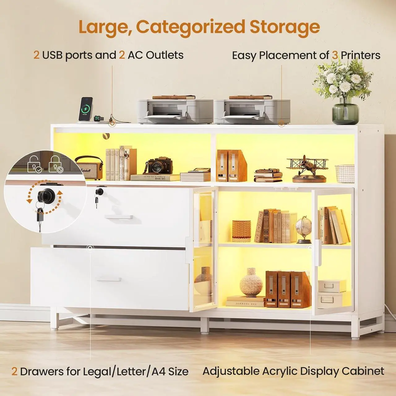 Alt view image 5 of 7 - 59" File Cabinet, 2 Drawers Filing Cabinets for Home Office fit Legal/Letter/A4 File, File Cabinet with Lock & Power Outlets, Printer Stand with Storage & LED Lights, White