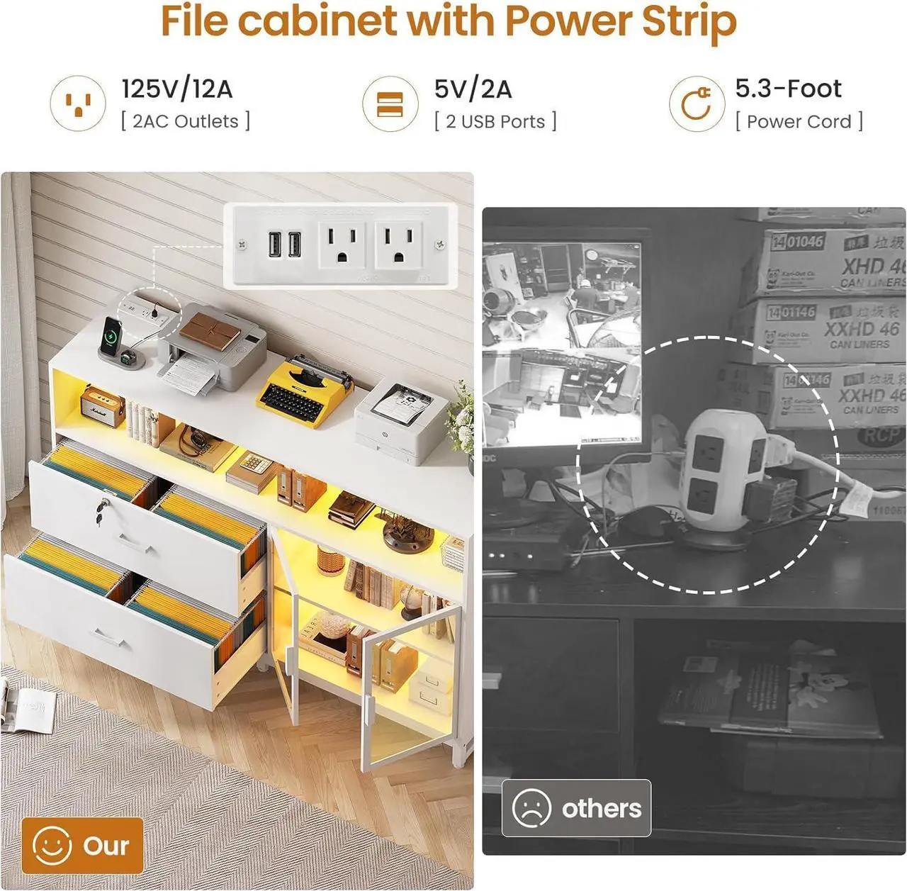 Alt view image 4 of 7 - 59" File Cabinet, 2 Drawers Filing Cabinets for Home Office fit Legal/Letter/A4 File, File Cabinet with Lock & Power Outlets, Printer Stand with Storage & LED Lights, White