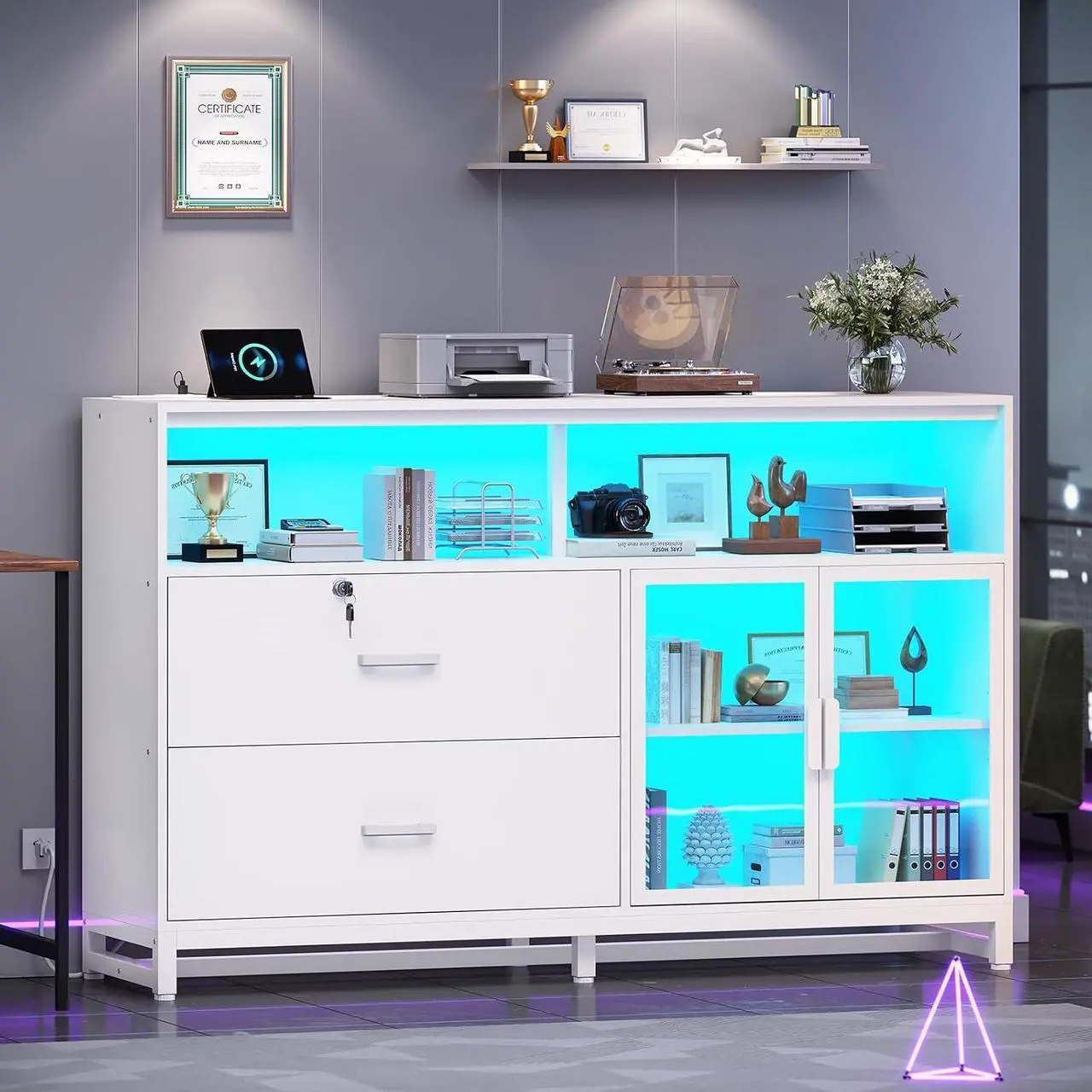 Main image of 59" File Cabinet, 2 Drawers Filing Cabinets for Home Office fit Legal/Letter/A4 File, File Cabinet with Lock & Power Outlets, Printer Stand with Storage & LED Lights, White