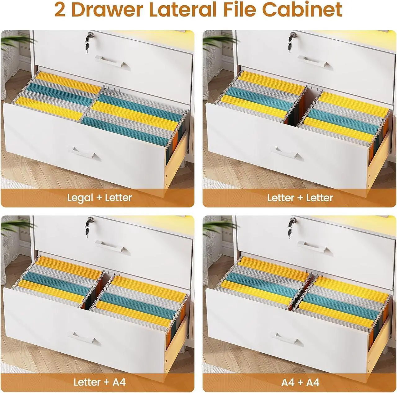 Alt view image 3 of 7 - 59" File Cabinet, 2 Drawers Filing Cabinets for Home Office fit Legal/Letter/A4 File, File Cabinet with Lock & Power Outlets, Printer Stand with Storage & LED Lights, White