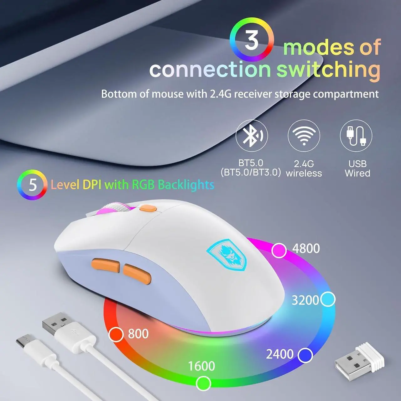 Alt view image 3 of 7 - Wireless Keyboard and Mouse Combo,Triple Mode 2.4G/Wired/Bluetooth Gaming Keyboard and Mouse,Rechargeable Ergonomic RGB Backlit Light Up Keyboard Mouse with Knob for WinPC/Mac/Tablet White