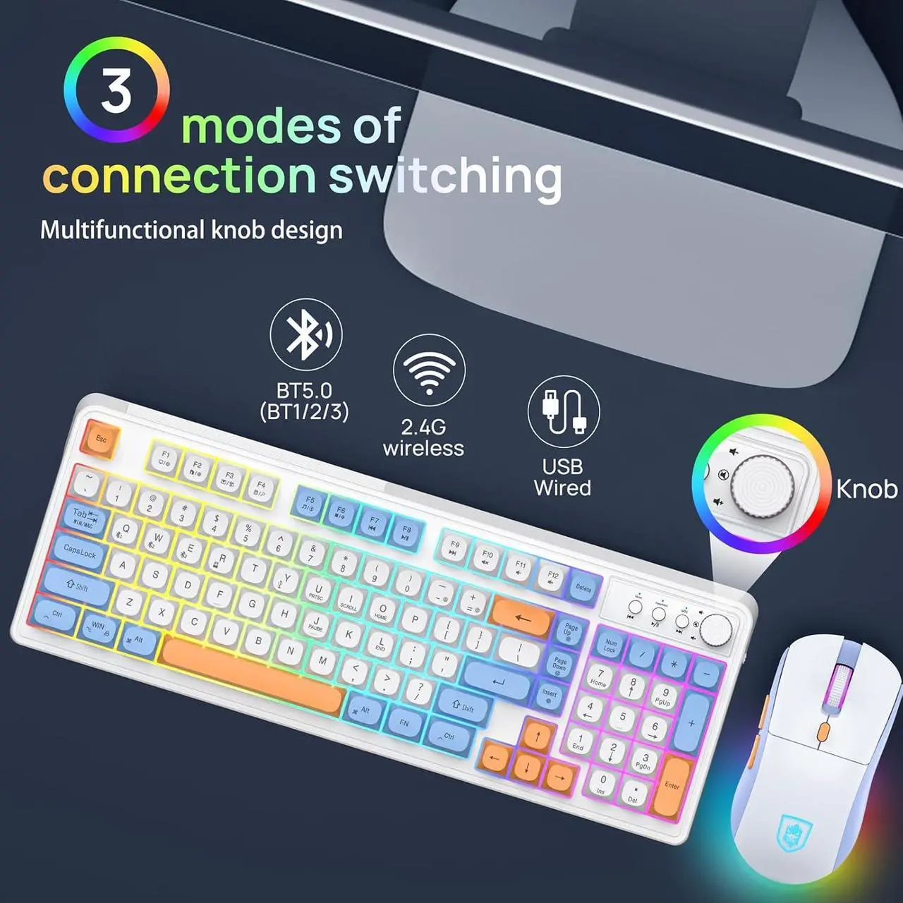 Alt view image 2 of 7 - Wireless Keyboard and Mouse Combo,Triple Mode 2.4G/Wired/Bluetooth Gaming Keyboard and Mouse,Rechargeable Ergonomic RGB Backlit Light Up Keyboard Mouse with Knob for WinPC/Mac/Tablet White