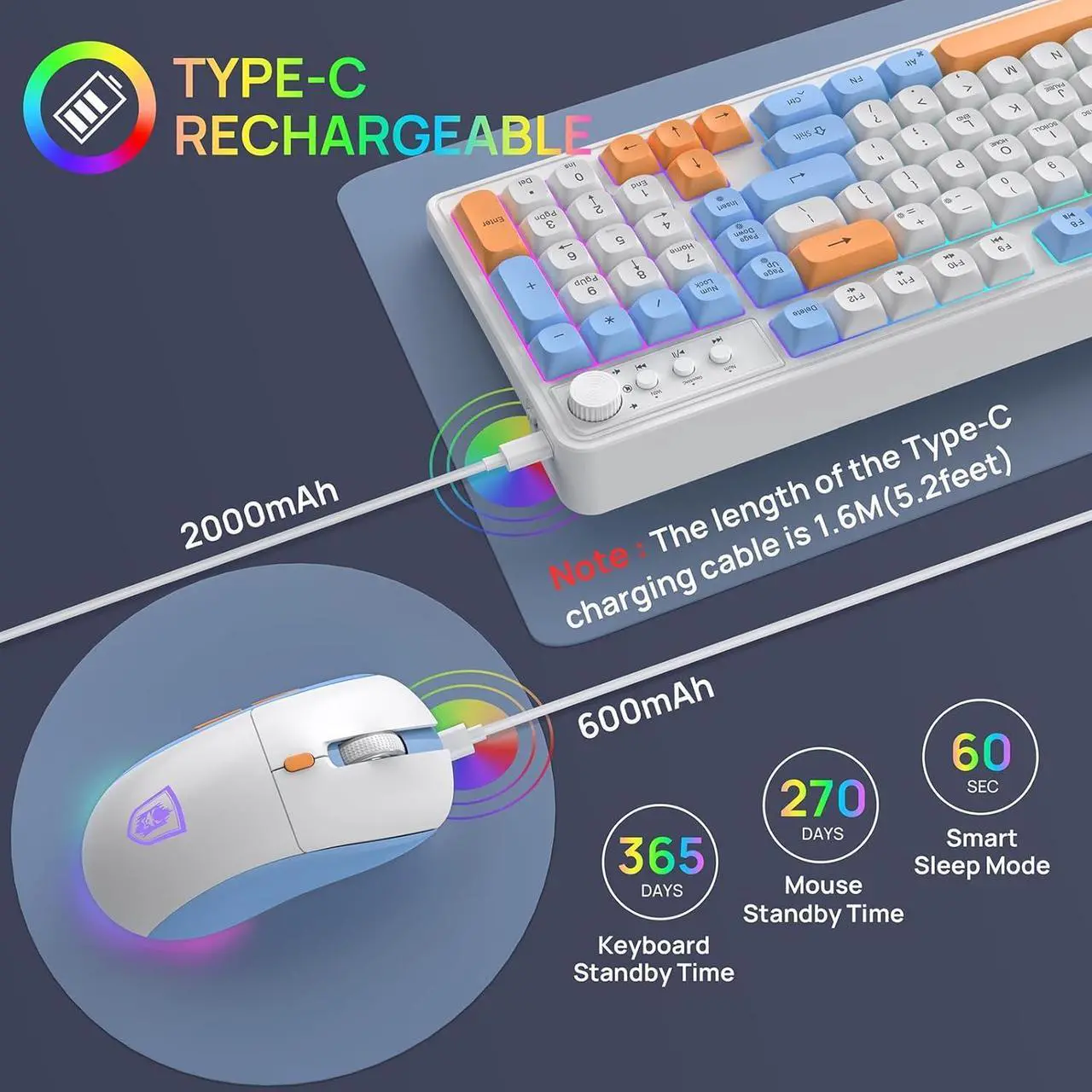 Alt view image 6 of 7 - Wireless Keyboard and Mouse Combo,Triple Mode 2.4G/Wired/Bluetooth Gaming Keyboard and Mouse,Rechargeable Ergonomic RGB Backlit Light Up Keyboard Mouse with Knob for WinPC/Mac/Tablet White