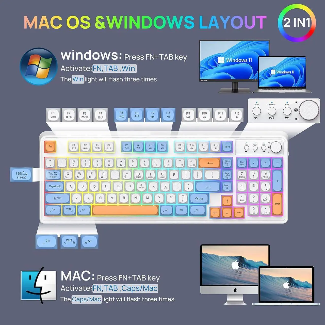 Alt view image 5 of 7 - Wireless Keyboard and Mouse Combo,Triple Mode 2.4G/Wired/Bluetooth Gaming Keyboard and Mouse,Rechargeable Ergonomic RGB Backlit Light Up Keyboard Mouse with Knob for WinPC/Mac/Tablet White