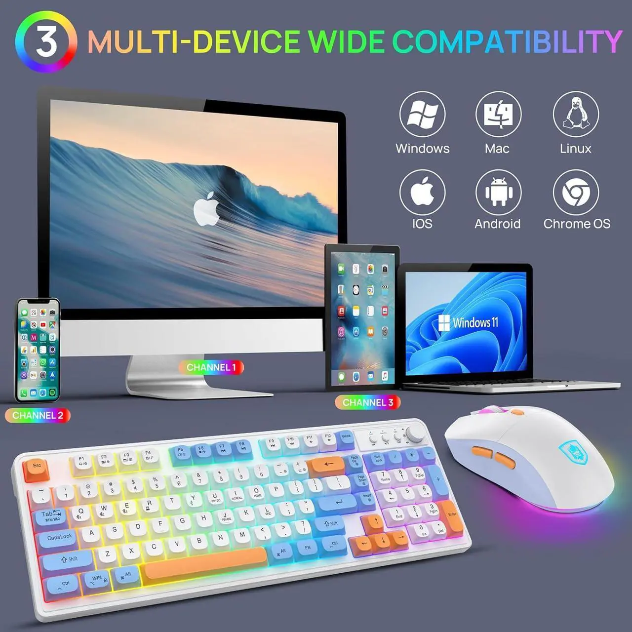 Alt view image 7 of 7 - Wireless Keyboard and Mouse Combo,Triple Mode 2.4G/Wired/Bluetooth Gaming Keyboard and Mouse,Rechargeable Ergonomic RGB Backlit Light Up Keyboard Mouse with Knob for WinPC/Mac/Tablet White