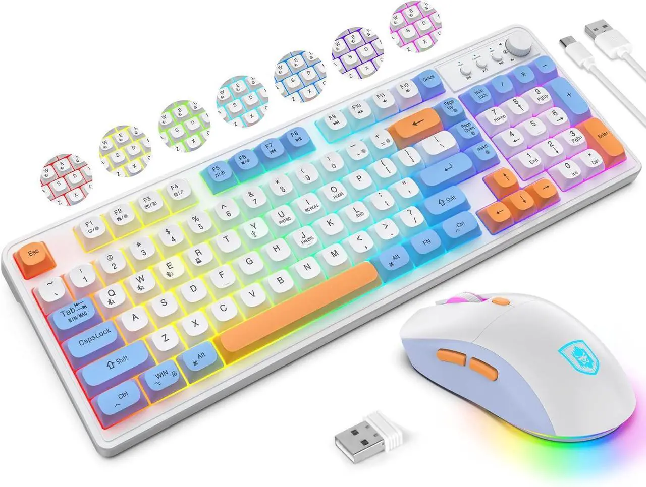 Main image of Wireless Keyboard and Mouse Combo,Triple Mode 2.4G/Wired/Bluetooth Gaming Keyboard and Mouse,Rechargeable Ergonomic RGB Backlit Light Up Keyboard Mouse with Knob for WinPC/Mac/Tablet White