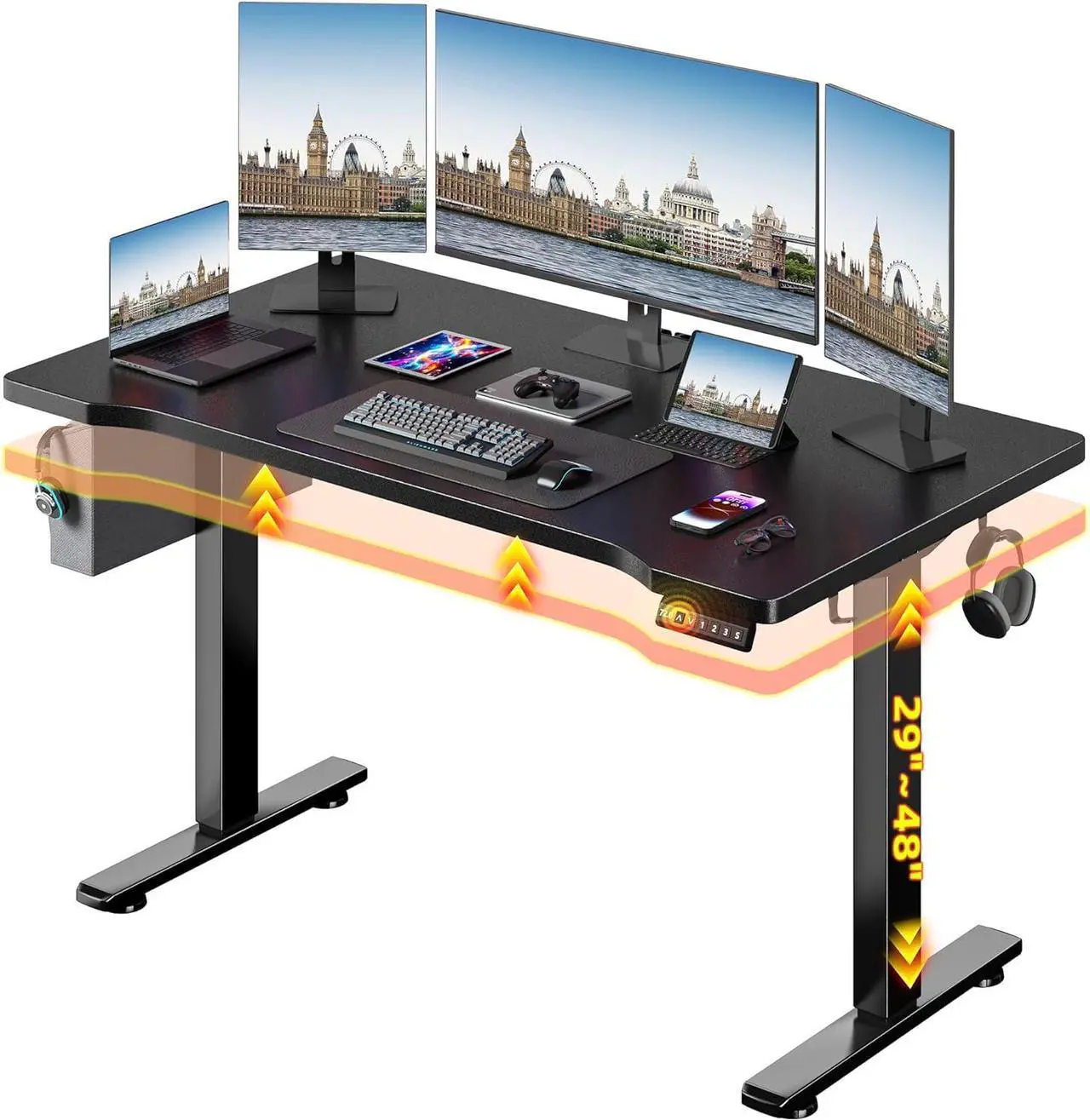 Main image of Standing Desk, Inches Stand up Desk with Memory Preset, Adjustable Desks for Work Home Office, Electric Standing Desks, Detachable Side Mount Pocket, Light Strip - Black