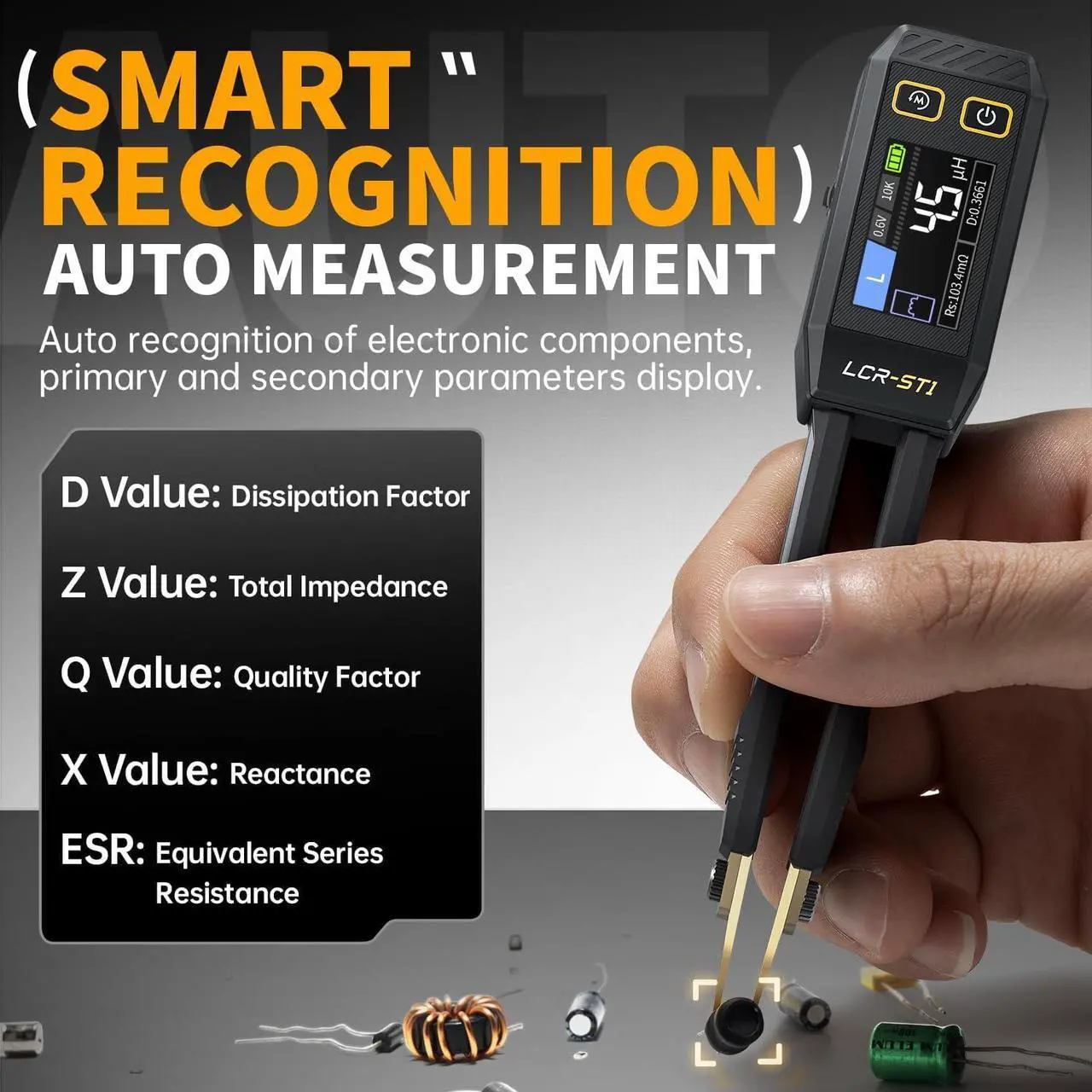 Alt view image 4 of 7 - 10KHz LCR Meter Tweezer, Mini Smart SMD Tester, ESR Meter, Multimeter, Capacitance Inductance Continuity Diode Tester, Auto Component Recognition Electronic Component Analyze