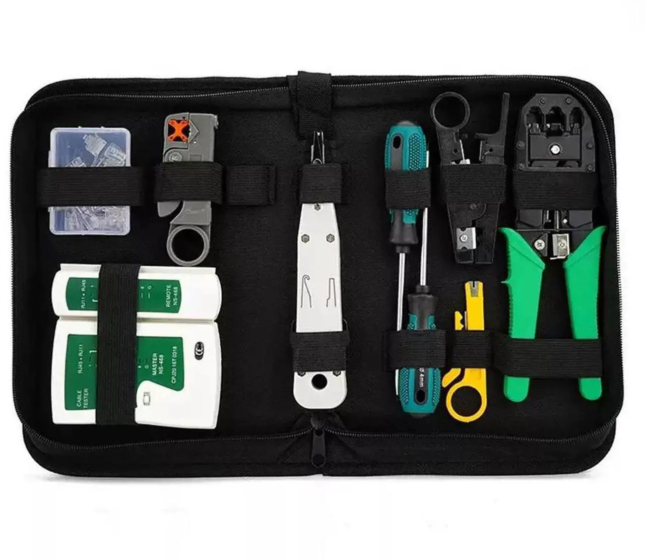 Main image of Network Tool Kit for Cat5 Cat5e Cat6, 11 in 1 Portable Ethernet Cable Crimper Kit with a Ethernet Crimping Tool, 8p8c 6p6c Connectors rj45 rj11 Cat5 Cat6 Cable Tester, 110 Punch Down Tool