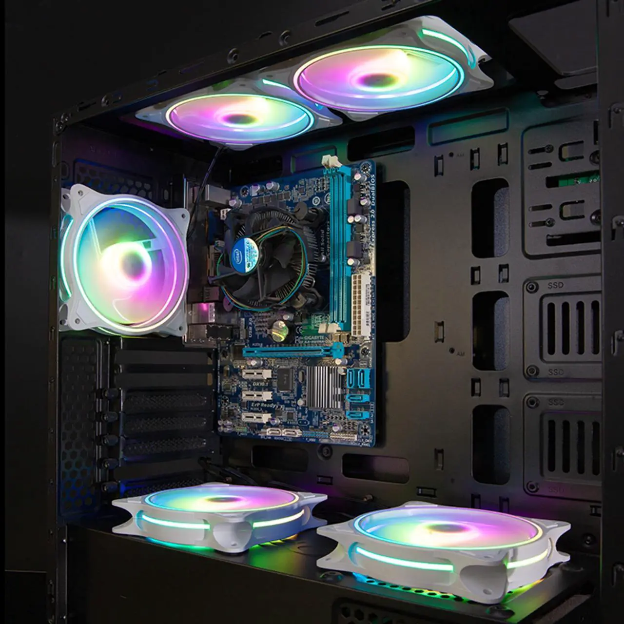 Alt view image 6 of 7 - PANO-MOUNTS 120mm 5V ARGB 4Pin PWM PC Computer CPU Case Cooler Fan Triple Light Loop with SATA Fan Hub 2 Ports 800-1600RPM 3-Pack White