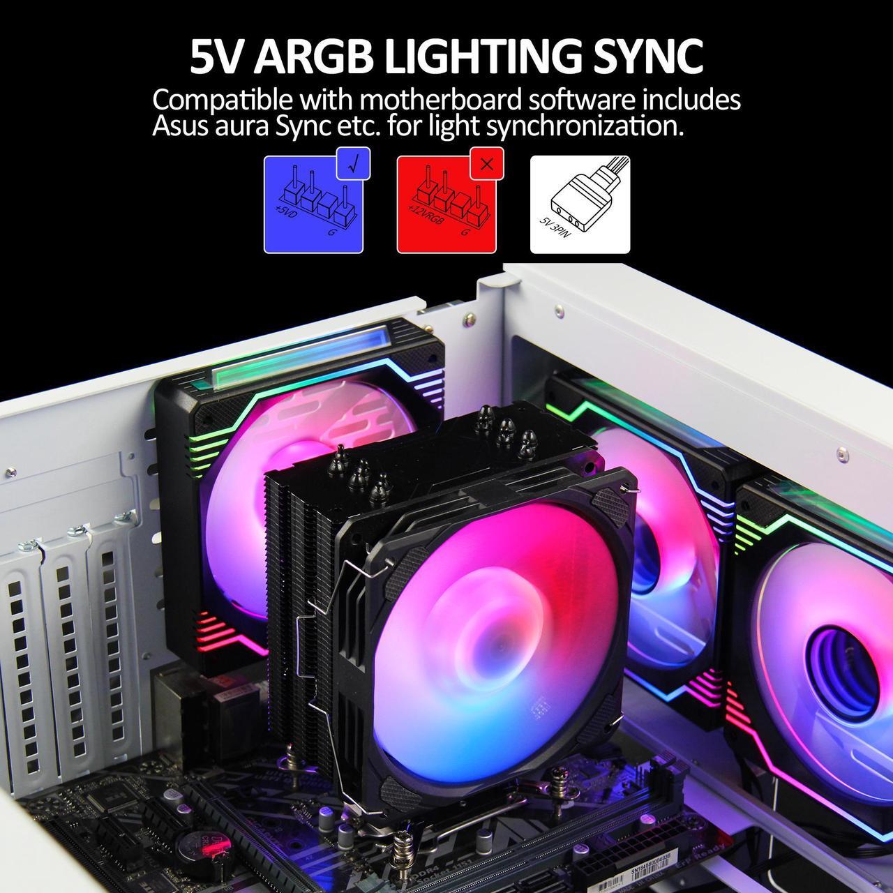 Alt view image 4 of 7 - PANO-MOUNTS CPU Cooler Stock Air Cooling Fan with 120mm ARGB 4Pin PC PWM Fans 6 Heat Pipes TDP 210W for Intel LGA 1700 LGA 1200 LGA 1155 LGA 1151 AMD AM5/AM4