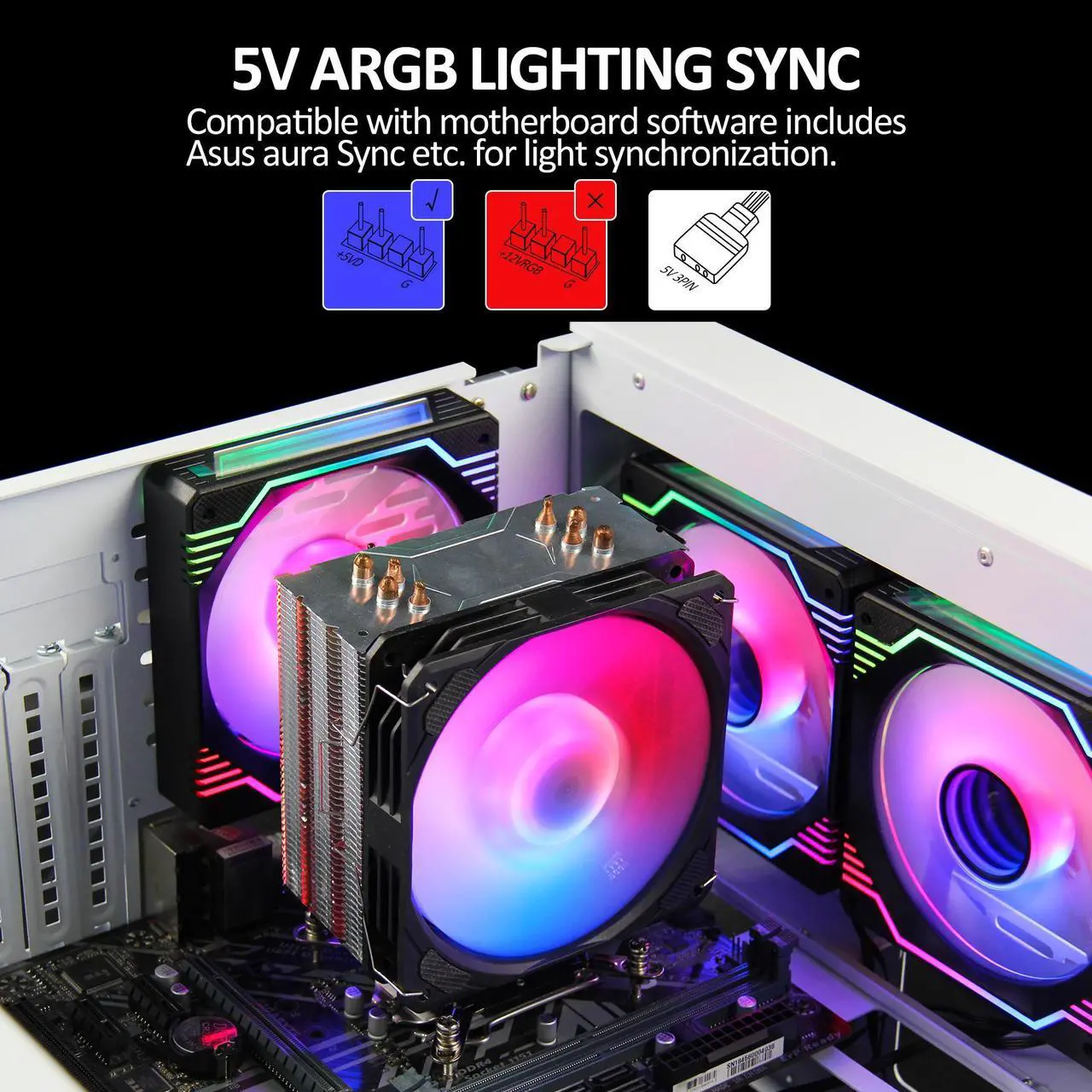 Alt view image 4 of 7 - PANO-MOUNTS ARGB CPU Cooler Stock Air Cooling Fan with 120mm ARGB 4Pin PC PWM Fans 4 Heat Pipes TDP 210W for Intel LGA 1700 LGA 1200 LGA 1155 LGA AMD 1151 AM5/AM4