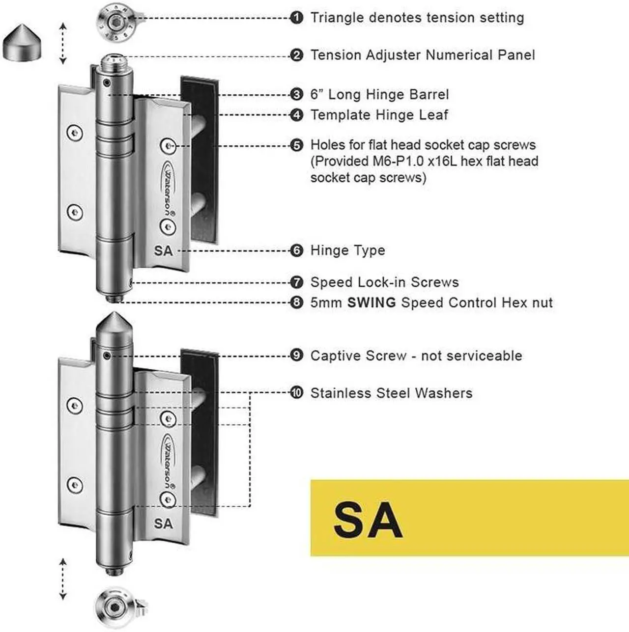 Alt view image 4 of 7 - Waterson Heavy Duty Commercial Fully Adjustable Full Surface Self-Closing Gate Hinge 2-Pack  K51P-600 (SA.SA1)  Satin Brushed