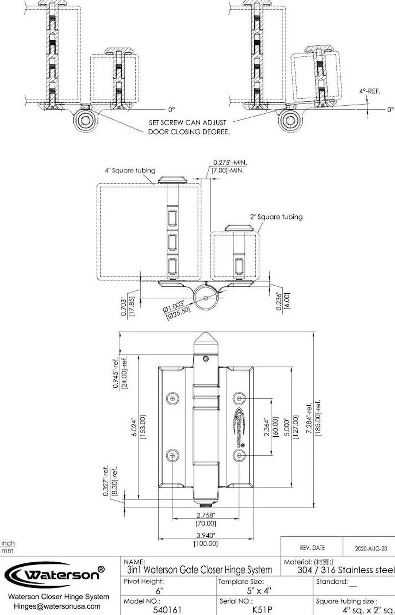 Alt view image 5 of 7 - Waterson Heavy Duty Commercial Fully Adjustable Full Surface Self-Closing Gate Hinge 2-Pack  K51P-600 (SA.SA1)  Satin Brushed