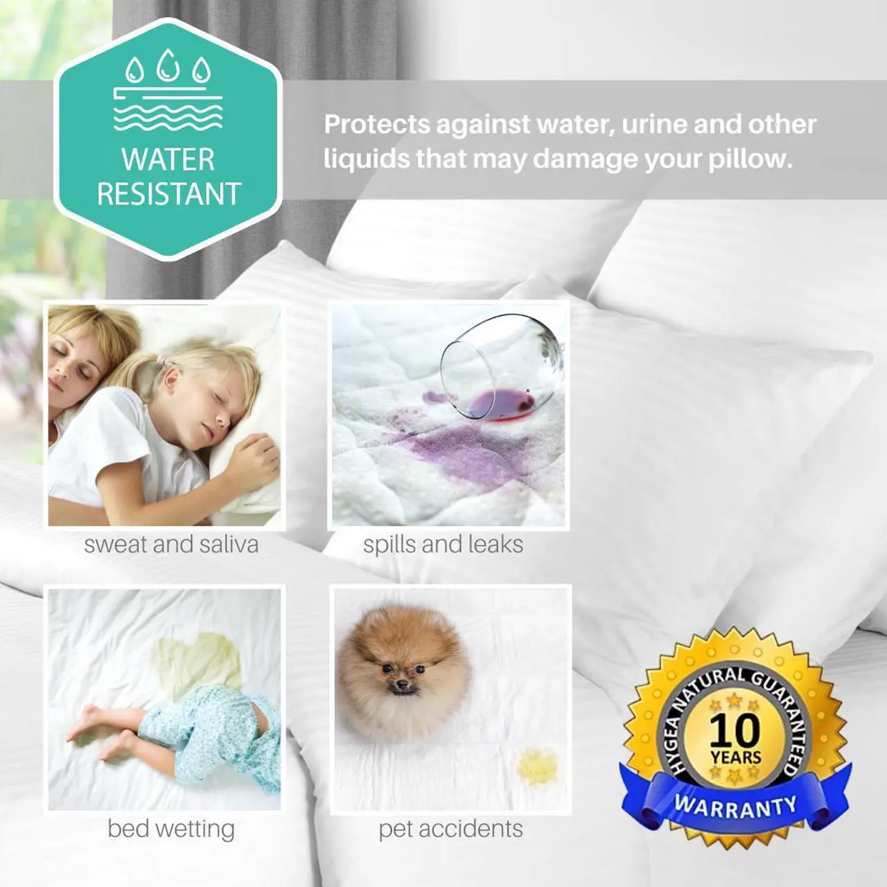 Alt view image 2 of 7 - Set of 2 King Sized Luxurious Pillow Protectors by Hygea Natural - Bed Bug, Mites and Lice Proof - Hypoallergenic - Machine Washable - Water Resistant - Premium Zippered Pillow Covers -2pk 21" W x 37"