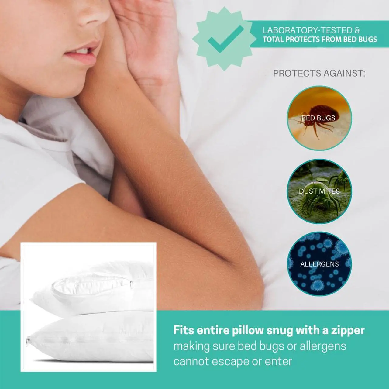 Alt view image 3 of 7 - Set of 2 King Sized Luxurious Pillow Protectors by Hygea Natural - Bed Bug, Mites and Lice Proof - Hypoallergenic - Machine Washable - Water Resistant - Premium Zippered Pillow Covers -2pk 21" W x 37"