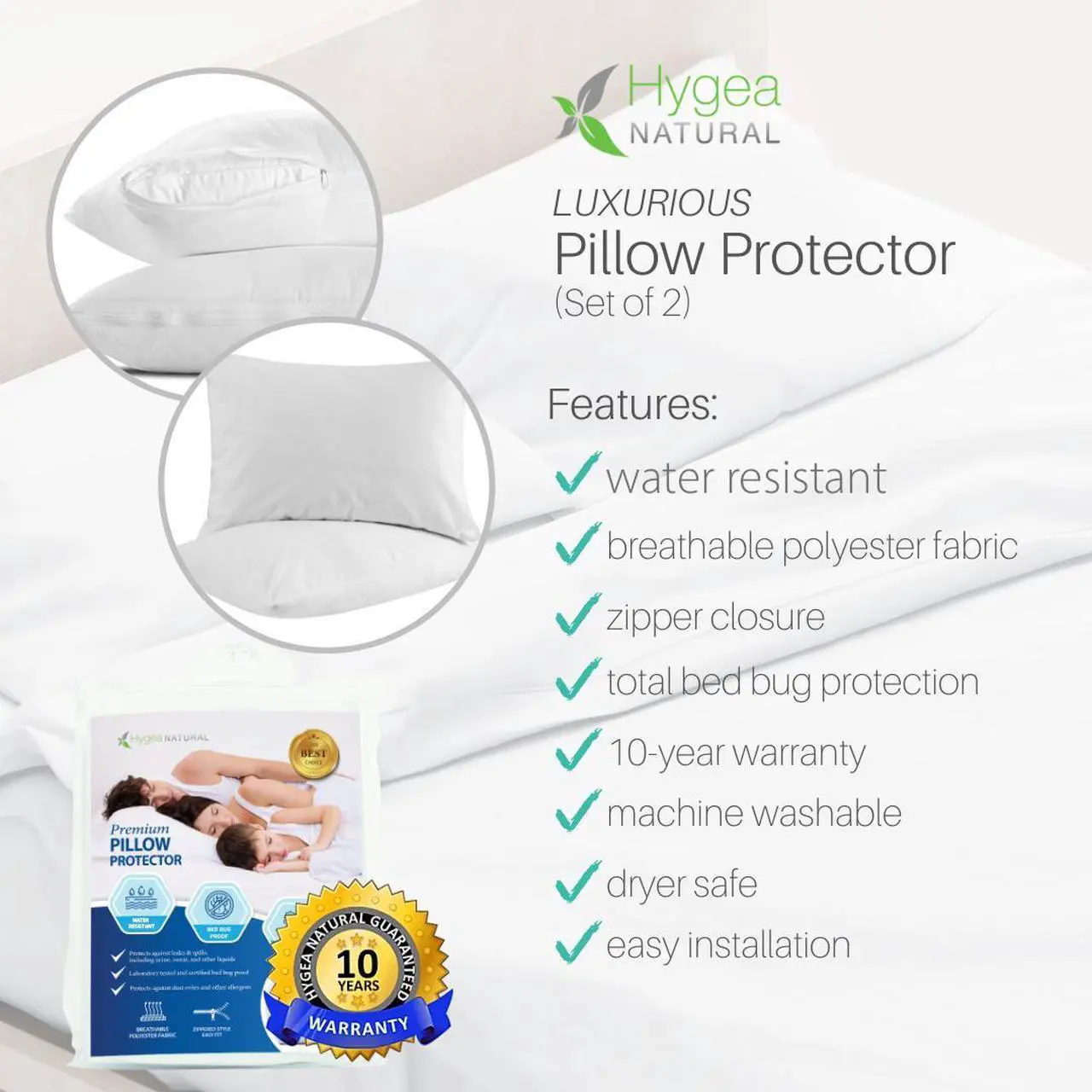 Alt view image 4 of 7 - Set of 2 King Sized Luxurious Pillow Protectors by Hygea Natural - Bed Bug, Mites and Lice Proof - Hypoallergenic - Machine Washable - Water Resistant - Premium Zippered Pillow Covers -2pk 21" W x 37"