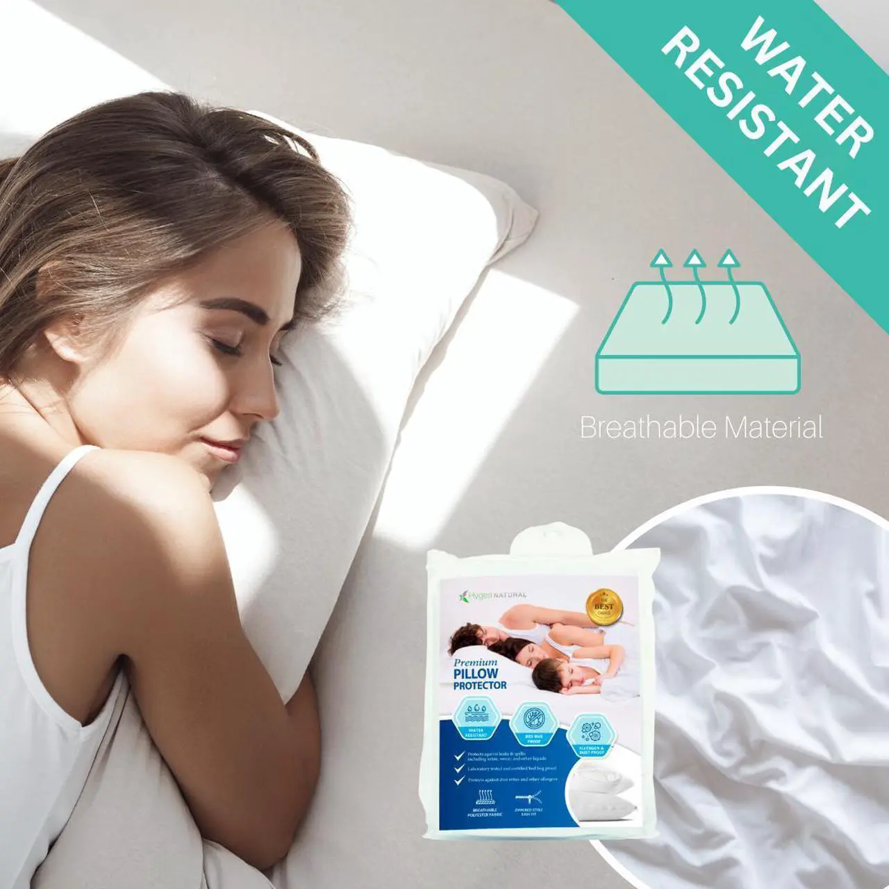 Alt view image 6 of 7 - Set of 2 King Sized Luxurious Pillow Protectors by Hygea Natural - Bed Bug, Mites and Lice Proof - Hypoallergenic - Machine Washable - Water Resistant - Premium Zippered Pillow Covers -2pk 21" W x 37"