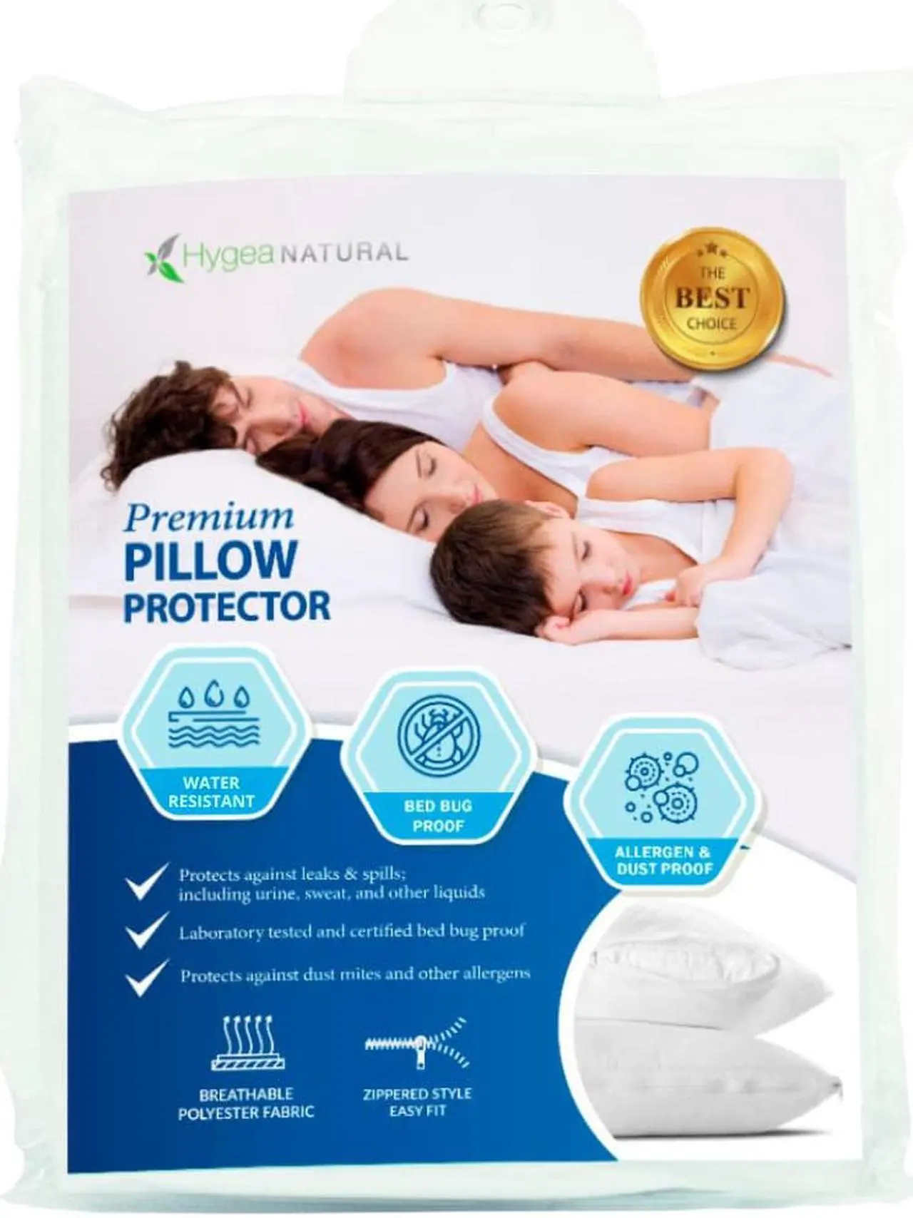 Main image of Set of 2 King Sized Luxurious Pillow Protectors by Hygea Natural - Bed Bug, Mites and Lice Proof - Hypoallergenic - Machine Washable - Water Resistant - Premium Zippered Pillow Covers -2pk 21" W x 37"