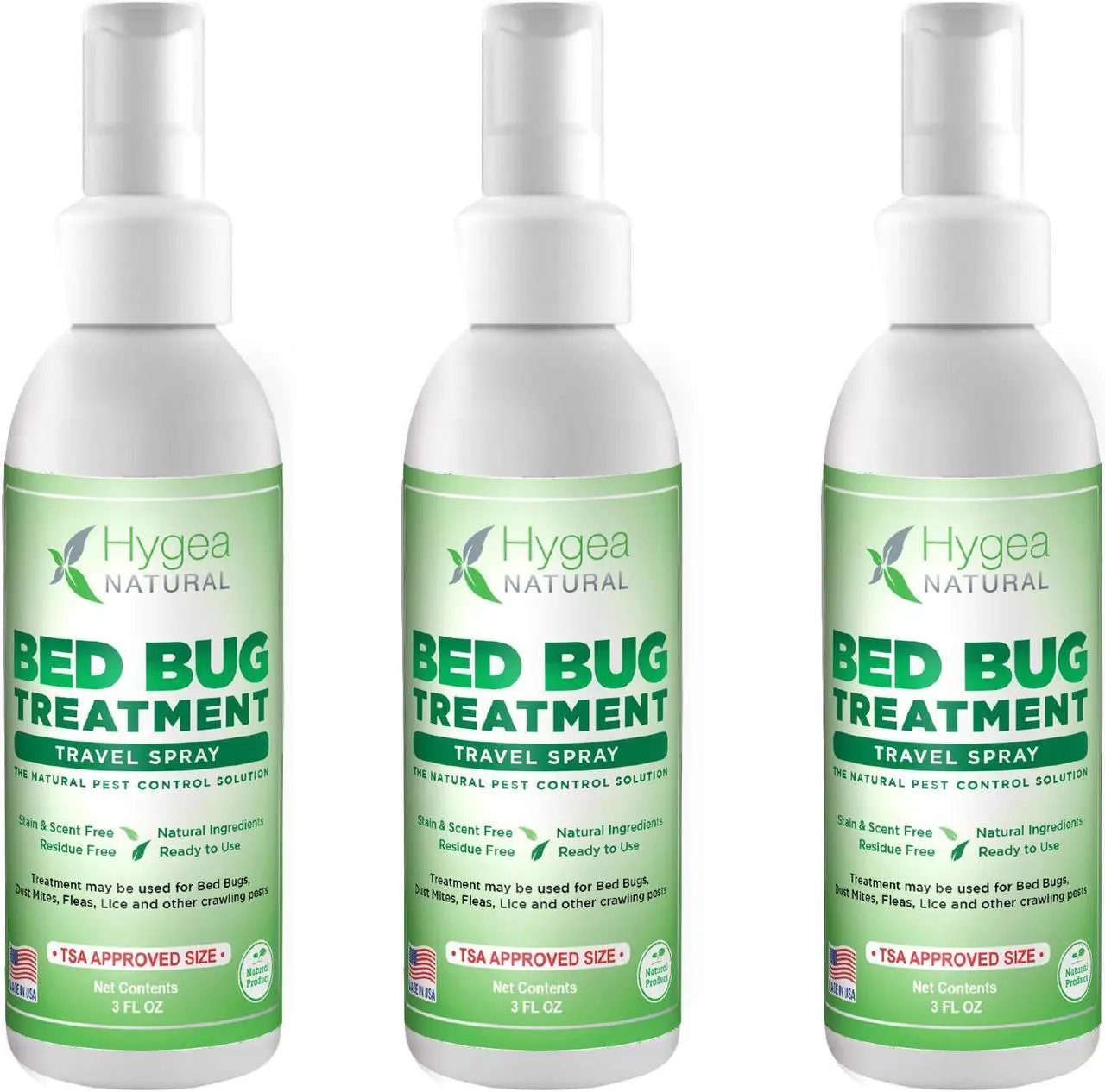 Main image of Hygea Natural Bed Bug Treatment Travel Spray - TSA Approved Size - For Hotels, Suitcase, Backpacks - Fast Acting Protection - Children & Pet Safe - Non Toxic & Odorless - (3 oz) (3 Pack)