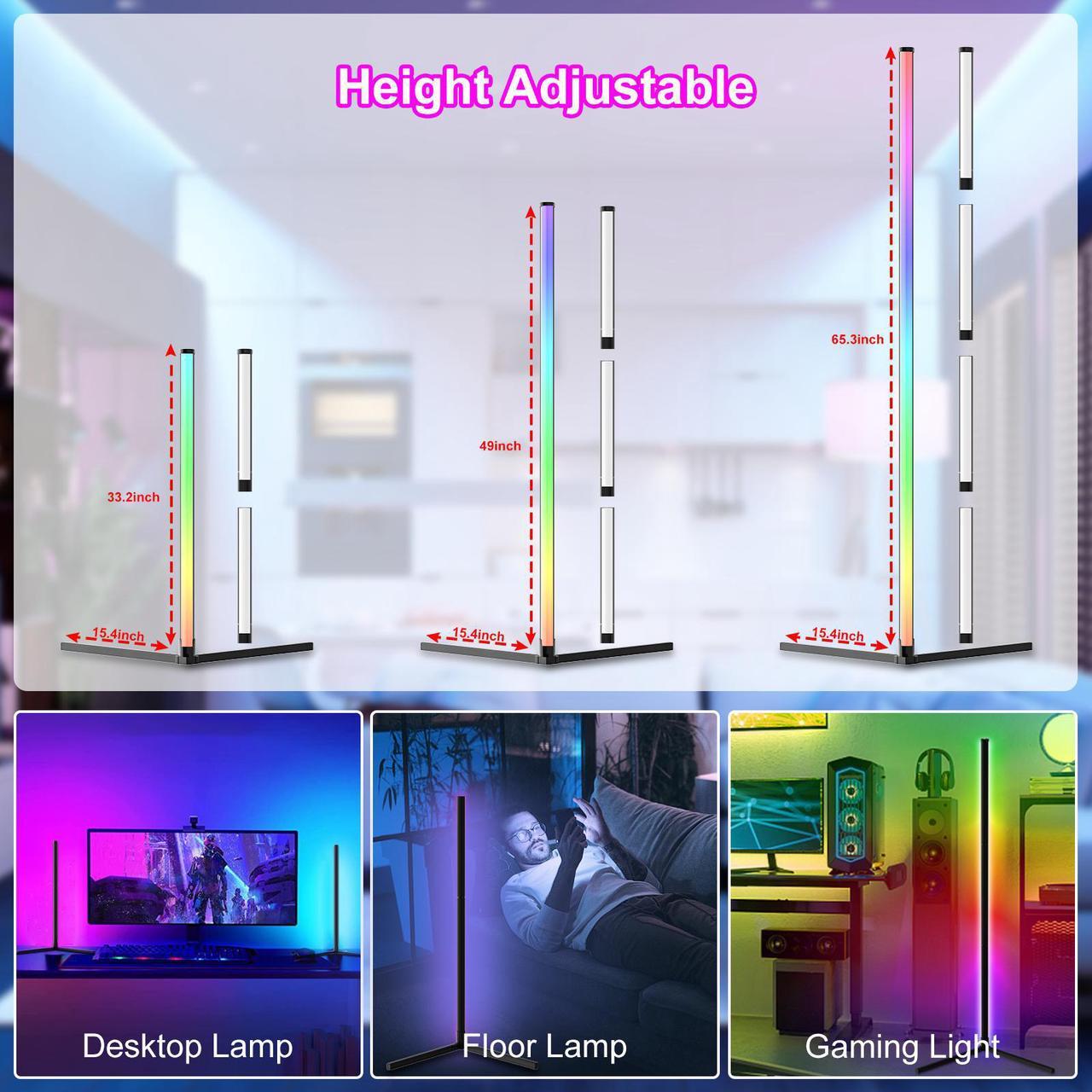 Alt view image 2 of 7 - RGB Corner Floor Lamp for Gaming Room, 65.3" Dimmable LED Modern Floor Lamp with Adjustable Height/ Brightness/ Speed, Music Sync, APP, Remote Control, Color Changing Light for Home, Disco, Club, etc.