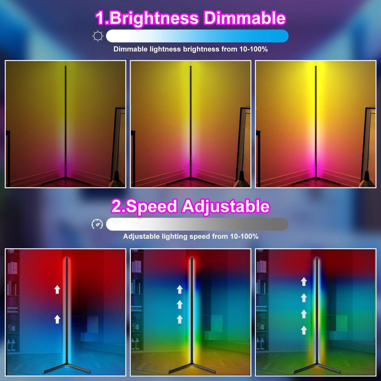 Alt view image 6 of 7 - RGB Corner Floor Lamp for Gaming Room, 65.3" Dimmable LED Modern Floor Lamp with Adjustable Height/ Brightness/ Speed, Music Sync, APP, Remote Control, Color Changing Light for Home, Disco, Club, etc.
