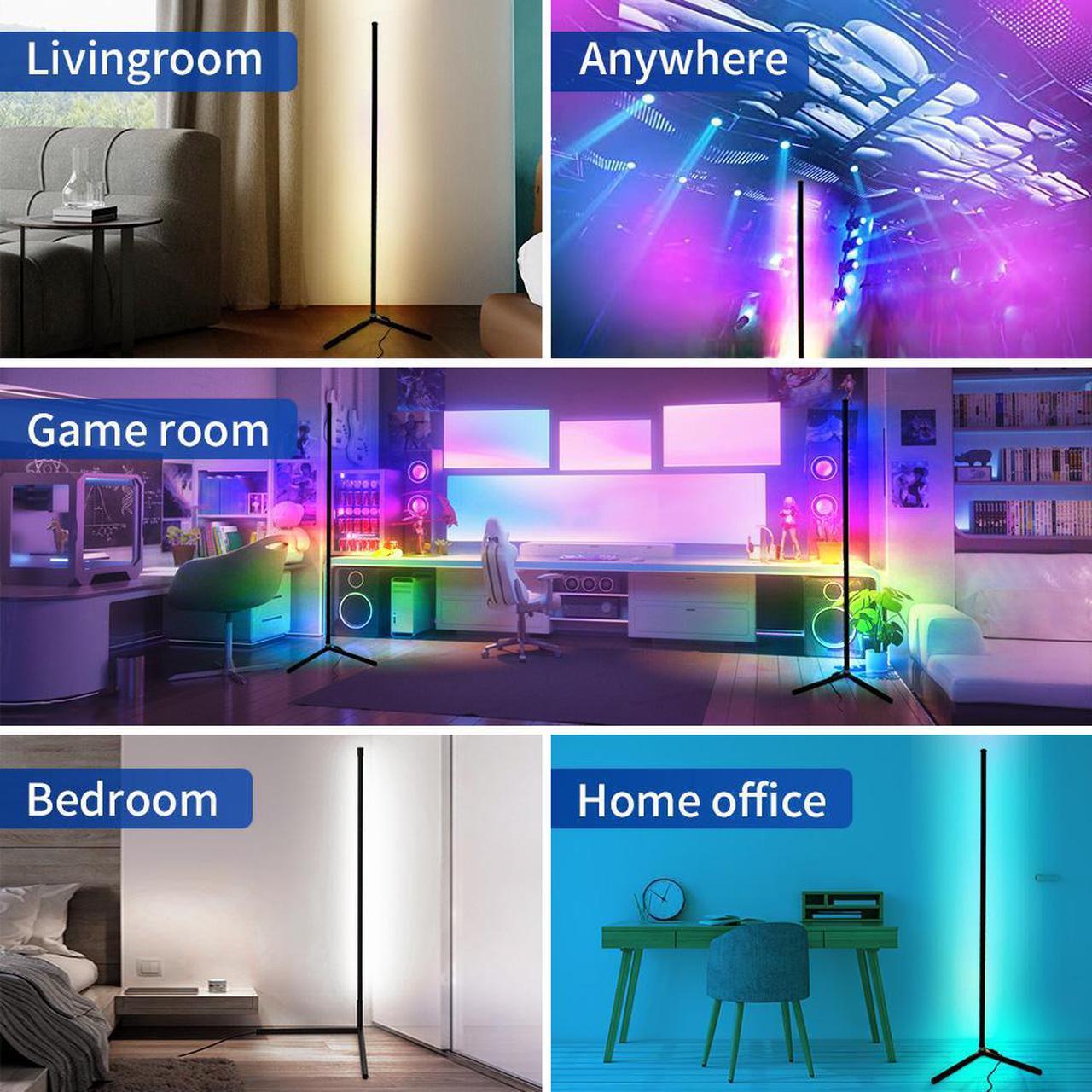 Alt view image 7 of 7 - RGB Corner Floor Lamp for Gaming Room, 65.3" Dimmable LED Modern Floor Lamp with Adjustable Height/ Brightness/ Speed, Music Sync, APP, Remote Control, Color Changing Light for Home, Disco, Club, etc.