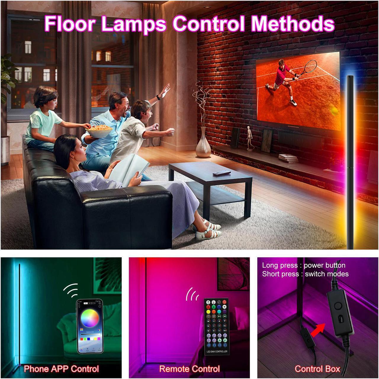 Alt view image 5 of 7 - RGB Corner Floor Lamp for Gaming Room, 65.3" Dimmable LED Modern Floor Lamp with Adjustable Height/ Brightness/ Speed, Music Sync, APP, Remote Control, Color Changing Light for Home, Disco, Club, etc.