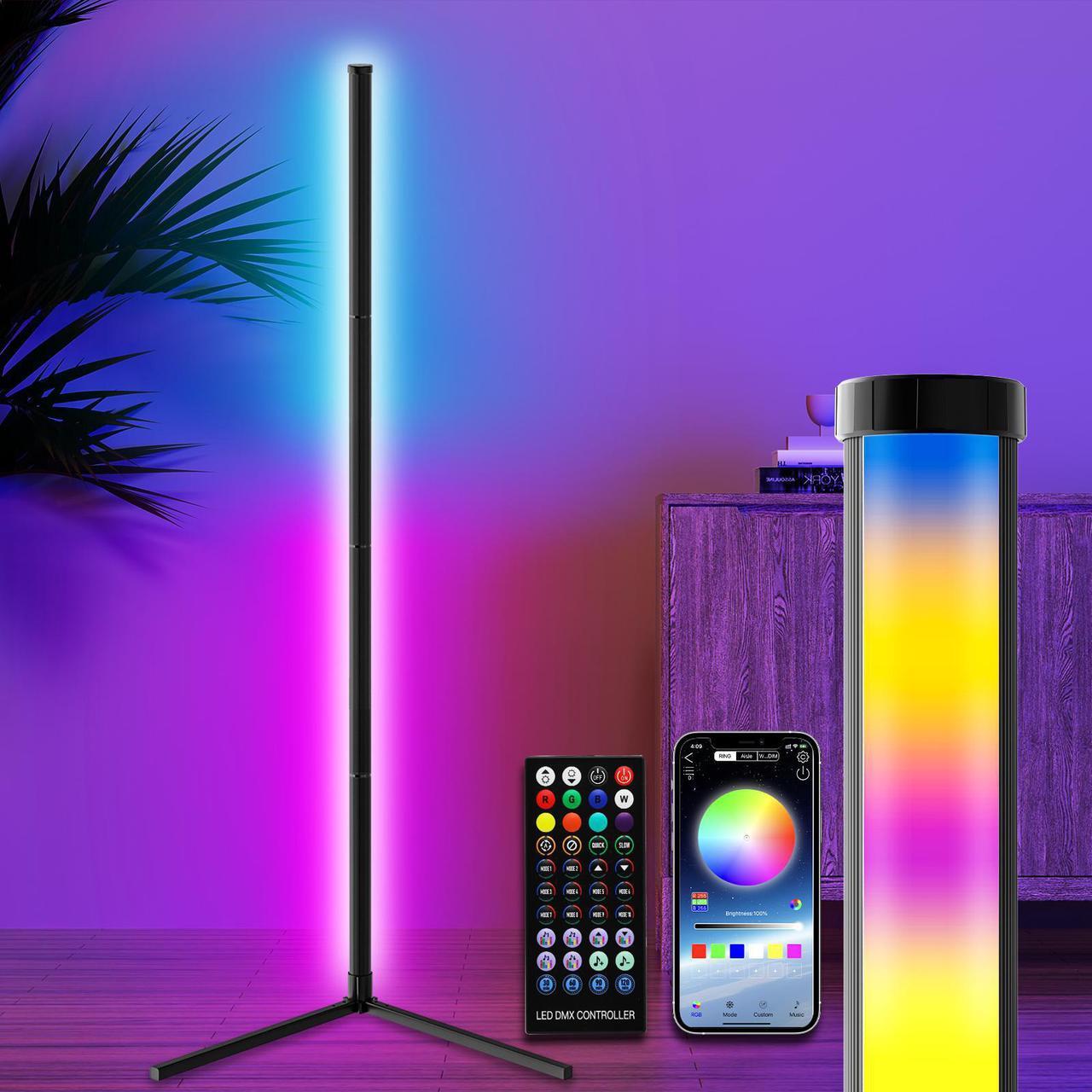 Main image of RGB Corner Floor Lamp for Gaming Room, 65.3" Dimmable LED Modern Floor Lamp with Adjustable Height/ Brightness/ Speed, Music Sync, APP, Remote Control, Color Changing Light for Home, Disco, Club, etc.