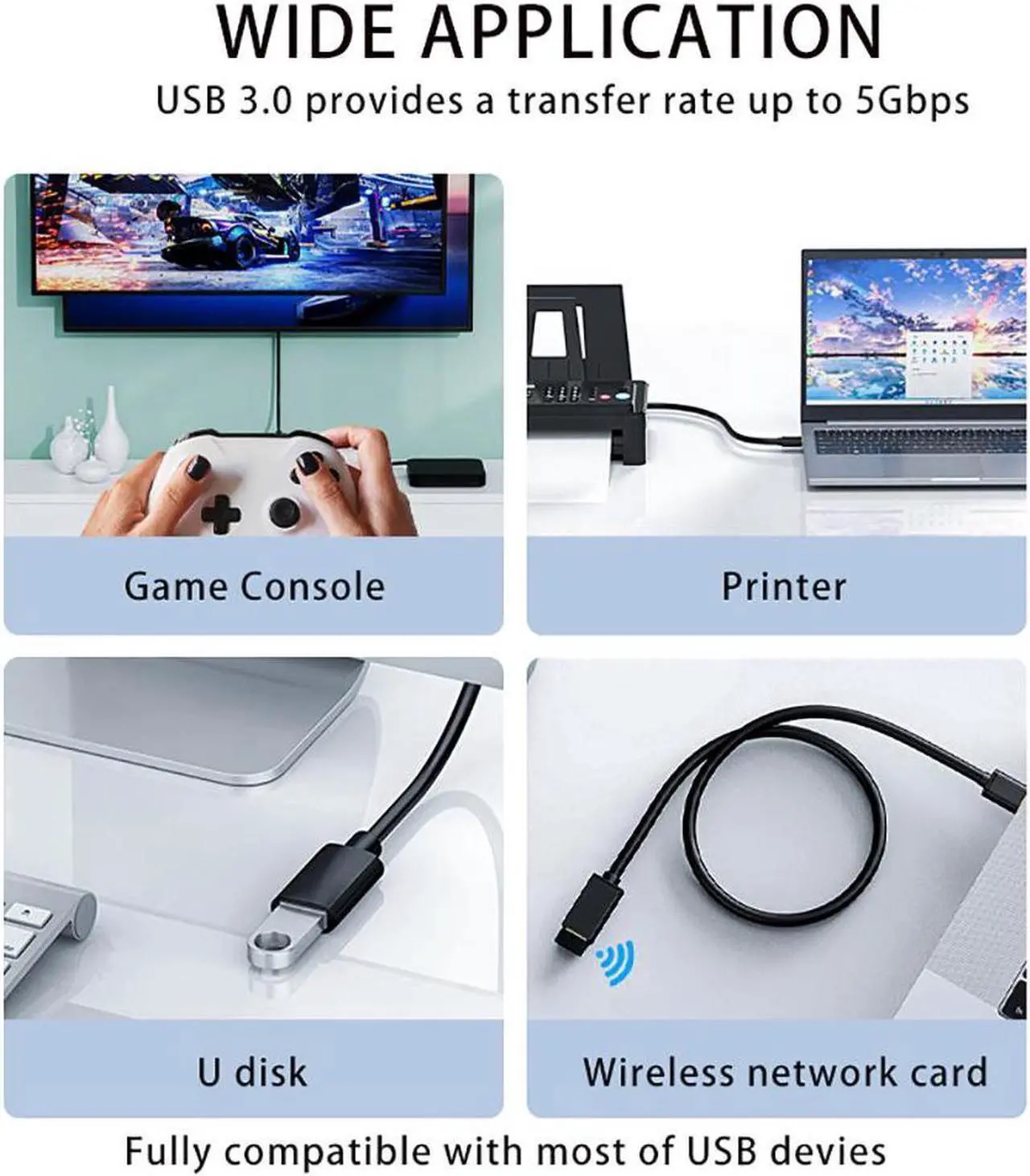 Alt view image 3 of 7 - 3-Pack USB 3.0 Extension Cable 3.3Ft, USB 3.0 High Speed Extender Cord Type A Male to A Female for Playstation, Xbox, USB Flash Drive, Hard Drive, Card Reader,Scanner,Printer,Keyboard