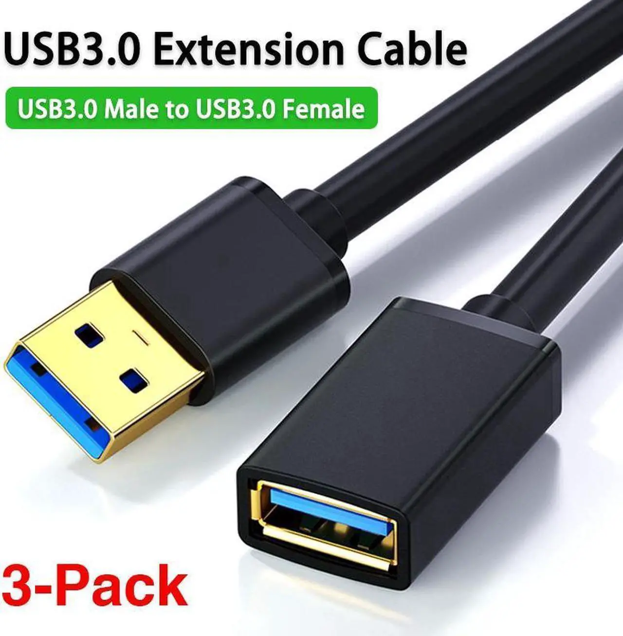 Main image of 3-Pack USB 3.0 Extension Cable 3.3Ft, USB 3.0 High Speed Extender Cord Type A Male to A Female for Playstation, Xbox, USB Flash Drive, Hard Drive, Card Reader,Scanner,Printer,Keyboard