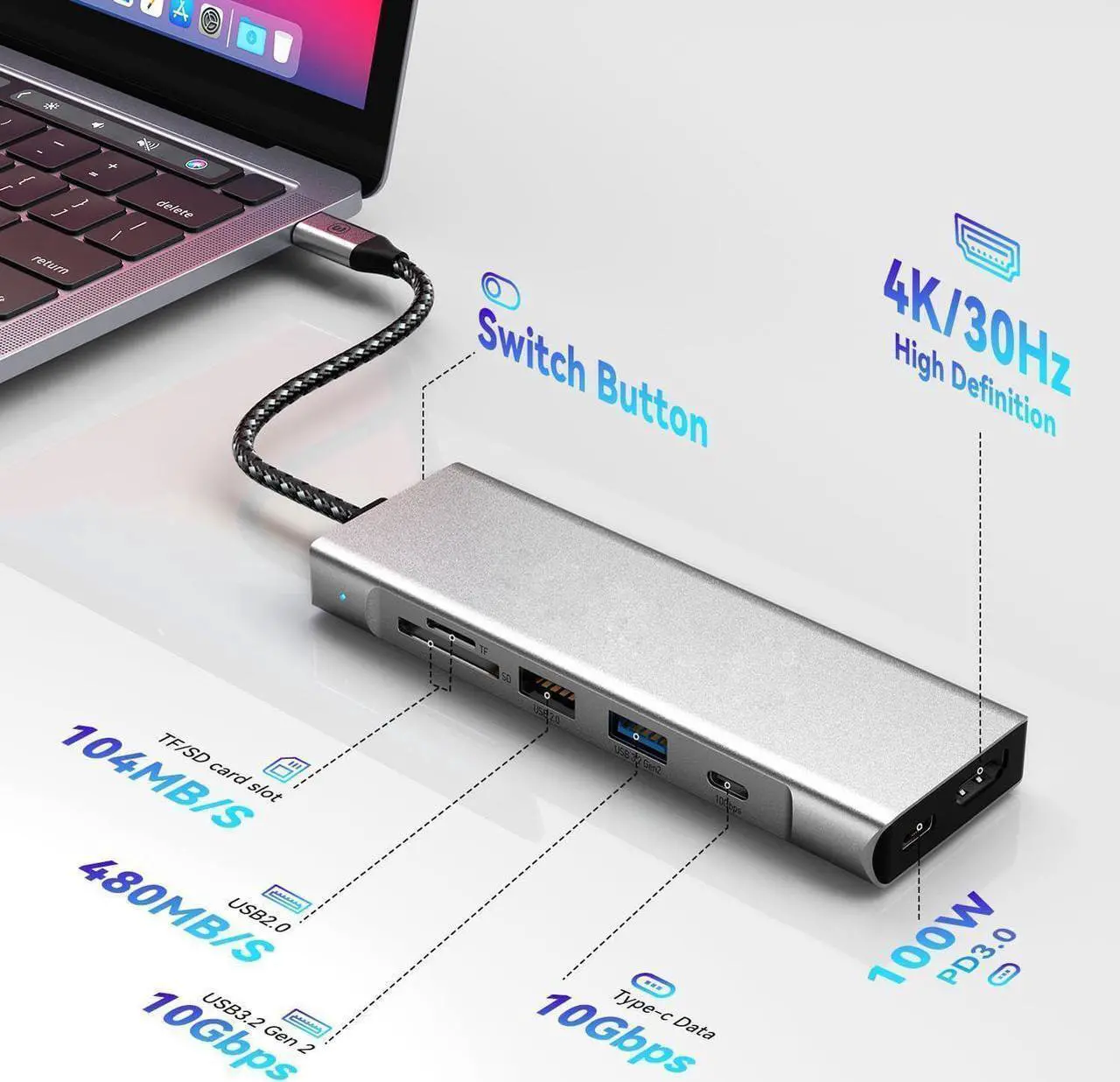 Alt view image 5 of 7 - USB C Docking Station, 8 in 1 USB C Hub with 10Gbps M.2 PCIe/SATA SSD Enclosure, 4K HDMI, 100W PD, 10Gbps USB C/USB-A Gen 3.2/3.1, SD/TF, USB-A Port for Windows, Mac OS USB-C Laptop