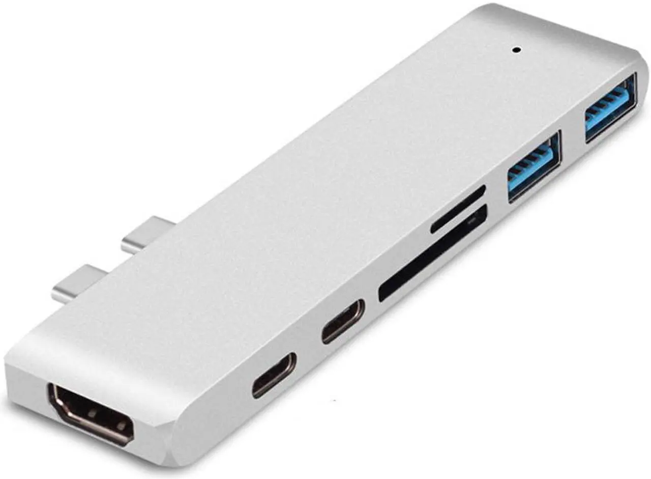 Alt view image 2 of 7 - Dual USB C Hub Adapter,7-in-2 Aluminum Type-C Pro with Thunderbolt 3(40Gbs),HDMI 4K,USB-C Data,Micro/SD Card Readers,2 x USB 3.0 - Compatible with 2016/2017/2018 MacBook Pro - Silver