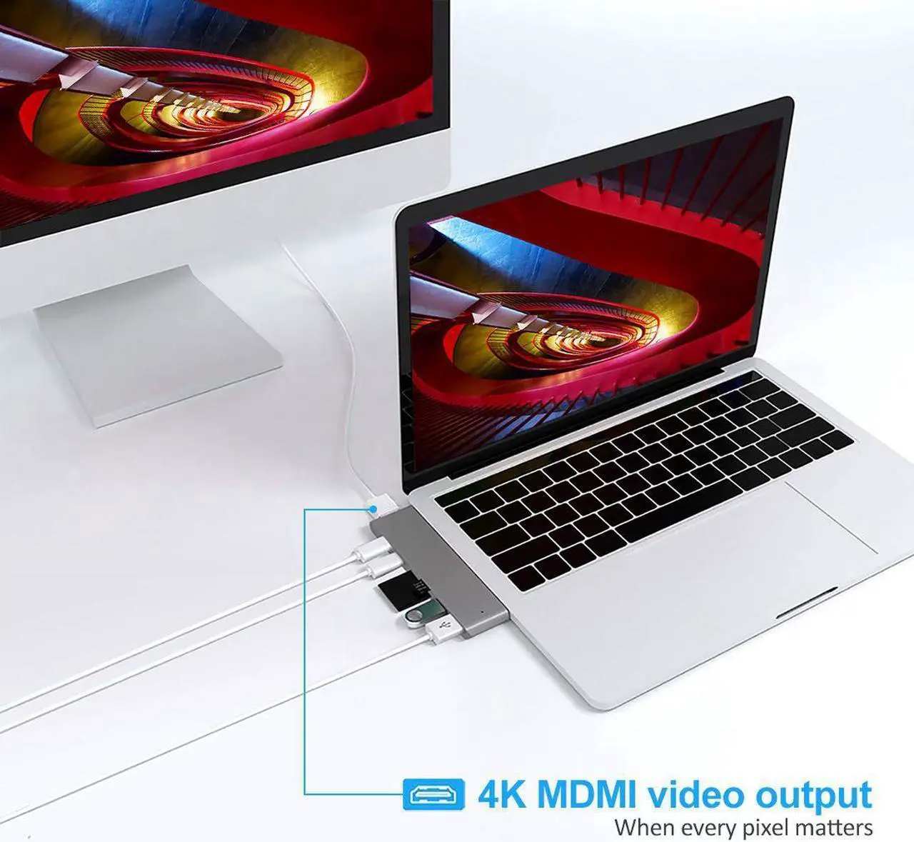 Alt view image 5 of 7 - Dual USB C Hub Adapter,7-in-2 Aluminum Type-C Pro with Thunderbolt 3(40Gbs),HDMI 4K,USB-C Data,Micro/SD Card Readers,2 x USB 3.0 - Compatible with 2016/2017/2018 MacBook Pro - Silver