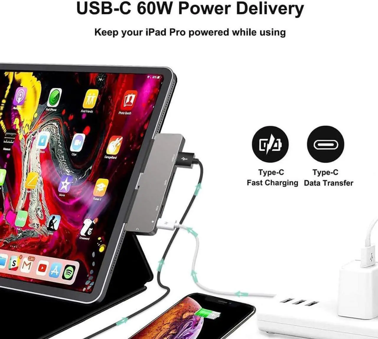 Alt view image 6 of 7 - USB C Hub for iPad Pro 2020, 2018, iPad Air 4, MacBook Pro M1 2020, 2019, 2018, 2017, MacBook Air with 4K@30Hz HDMI HDR, USB 3.0, 3.5mm Audio and 60W PD&Data, SD/Micro Card ReaderUSB-C Dock Adapter