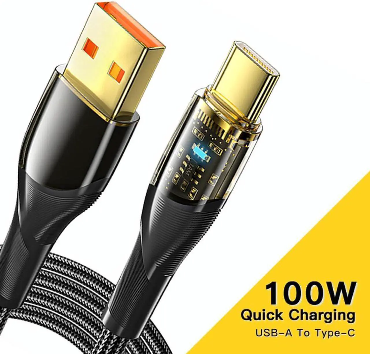 Main image of 7A 100W USB A to USB C Cable Fast Charge,  Nylon Braided Type-C Cable Transparent for lPad Air/lPad Pro, MacBook Pro, Samsung Galaxy S21/S10/S9/Plus (1-Pack, 3.3ft)