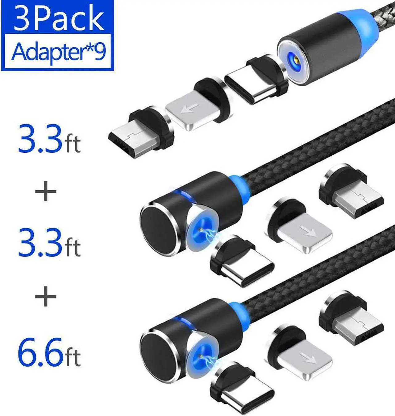 Main image of USB Magnetic Cable, Micro iphone and Type C 3in1, 90 Degree Right Angle,Nylon Braided Cord,360 Magnetic Charging Cable with Led Light,(3-Pack,3ft/3ft/6ft) for Mirco , Type C, iphone - Black