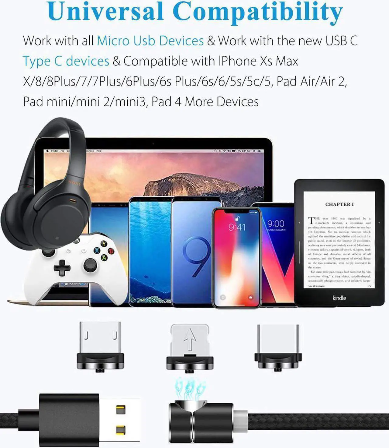 Alt view image 5 of 7 - USB Magnetic Cable, Micro iphone and Type C 3in1, 90 Degree Right Angle,Nylon Braided Cord,360 Magnetic Charging Cable with Led Light,(3-Pack,3ft/3ft/6ft) for Mirco , Type C, iphone - Black