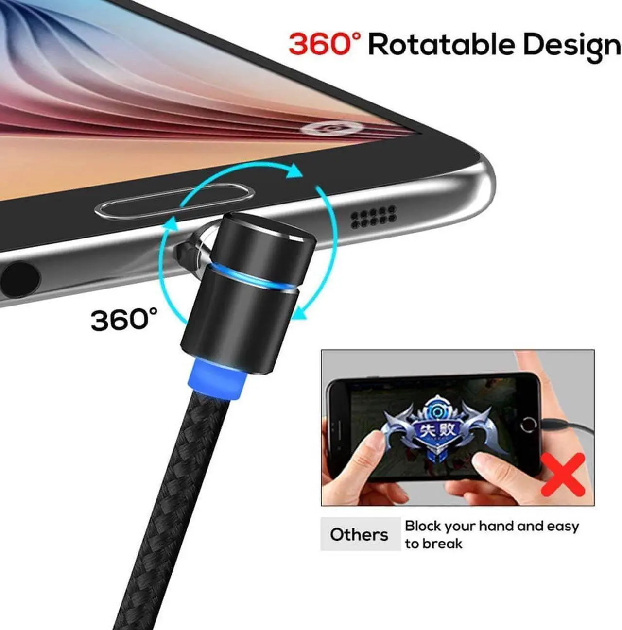 Alt view image 3 of 7 - USB Magnetic Cable, Micro iphone and Type C 3in1, 90 Degree Right Angle,Nylon Braided Cord,360 Magnetic Charging Cable with Led Light,(3-Pack,3ft/3ft/6ft) for Mirco , Type C, iphone - Black