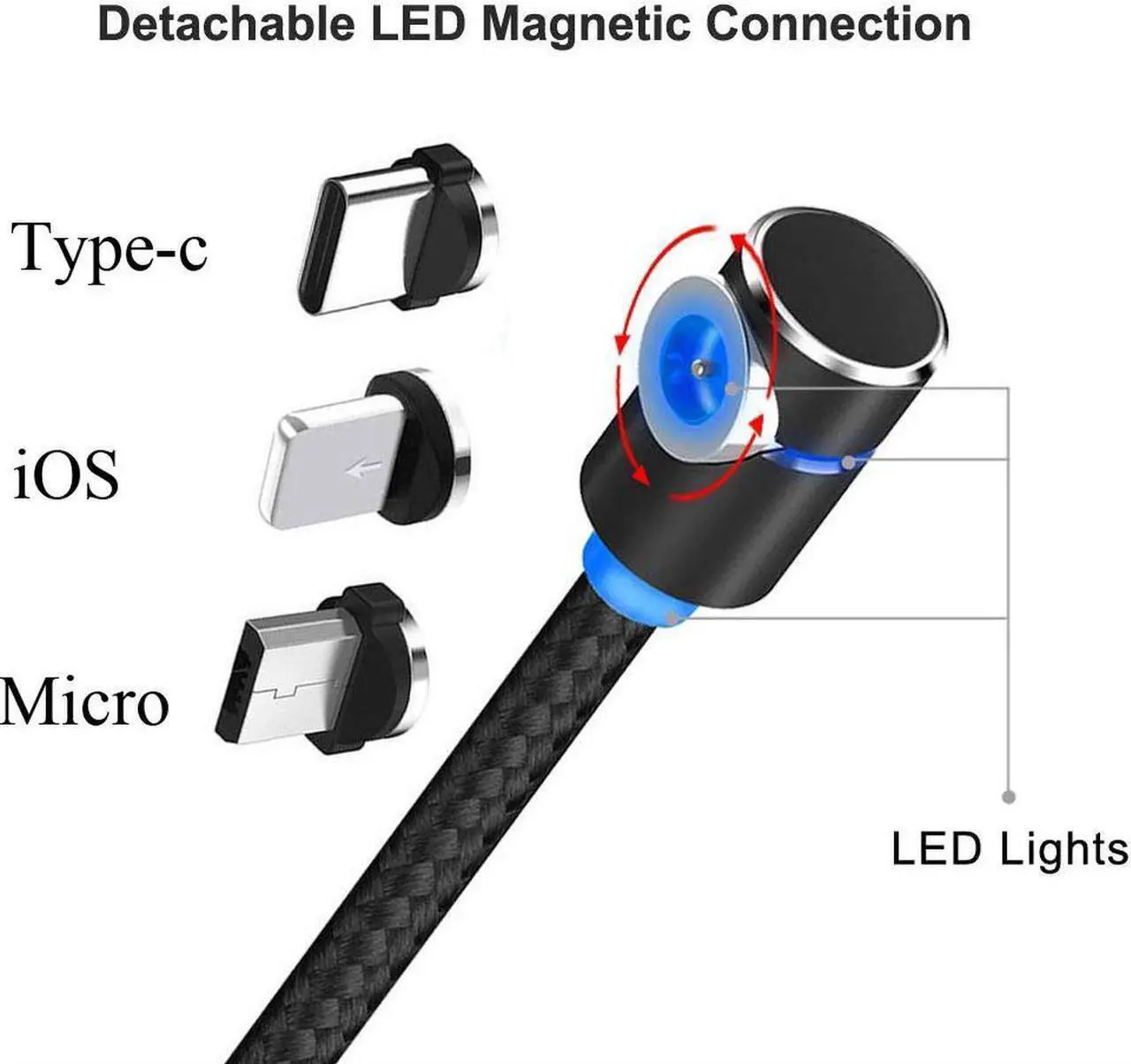 Alt view image 7 of 7 - USB Magnetic Cable, Micro iphone and Type C 3in1, 90 Degree Right Angle,Nylon Braided Cord,360 Magnetic Charging Cable with Led Light,(3-Pack,3ft/3ft/6ft) for Mirco , Type C, iphone - Black