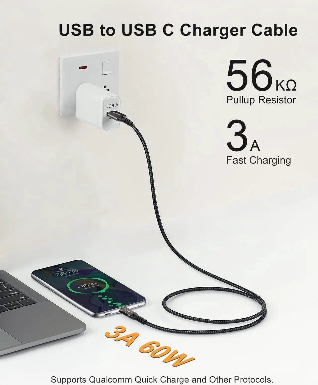 Alt view image 5 of 7 - USB A to USB C Cable 6.6ft+6.6ft Braided, 10Gbps Data Transfer and 60W 3A Fast Charging 3.1/3.2 Gen 2 Cable, for Samsung Galaxy MacBook Laptop Tablet Phone and Other Type A to Type C Device