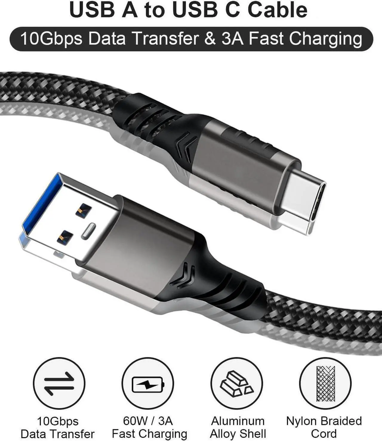Alt view image 2 of 7 - USB A to USB C Cable 6.6ft+6.6ft Braided, 10Gbps Data Transfer and 60W 3A Fast Charging 3.1/3.2 Gen 2 Cable, for Samsung Galaxy MacBook Laptop Tablet Phone and Other Type A to Type C Device