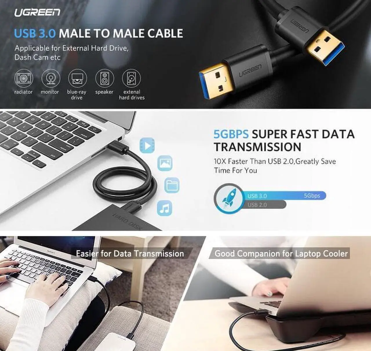 Alt view image 2 of 7 - USB 3.0 Cable Extension Cord, USB 3.0 to USB 3.0 Cable Type A Male to Male for External Hard Drives, Modems, Printers, Cameras, Computer, Laptop & More (1.65 Feets, 0.5m)