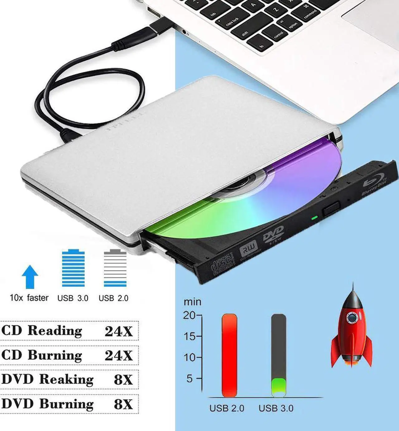 Alt view image 7 of 7 - External Blu Ray Drive,External Blu Ray DVD Drive USB3.0 USB C 3D Bluray Drive Player Burner Writer for Laptop/Mac/MacBook Pro/Air/PC/Windows MacBook Mac Linux OS Apple , Silver