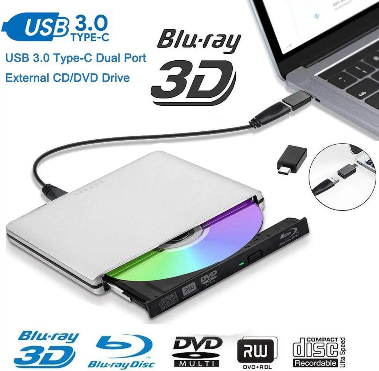 Main image of External Blu Ray Drive,External Blu Ray DVD Drive USB3.0 USB C 3D Bluray Drive Player Burner Writer for Laptop/Mac/MacBook Pro/Air/PC/Windows MacBook Mac Linux OS Apple , Silver