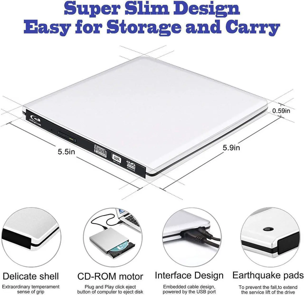 Alt view image 5 of 7 - External Blu Ray Drive,External Blu Ray DVD Drive USB3.0 USB C 3D Bluray Drive Player Burner Writer for Laptop/Mac/MacBook Pro/Air/PC/Windows MacBook Mac Linux OS Apple , Silver