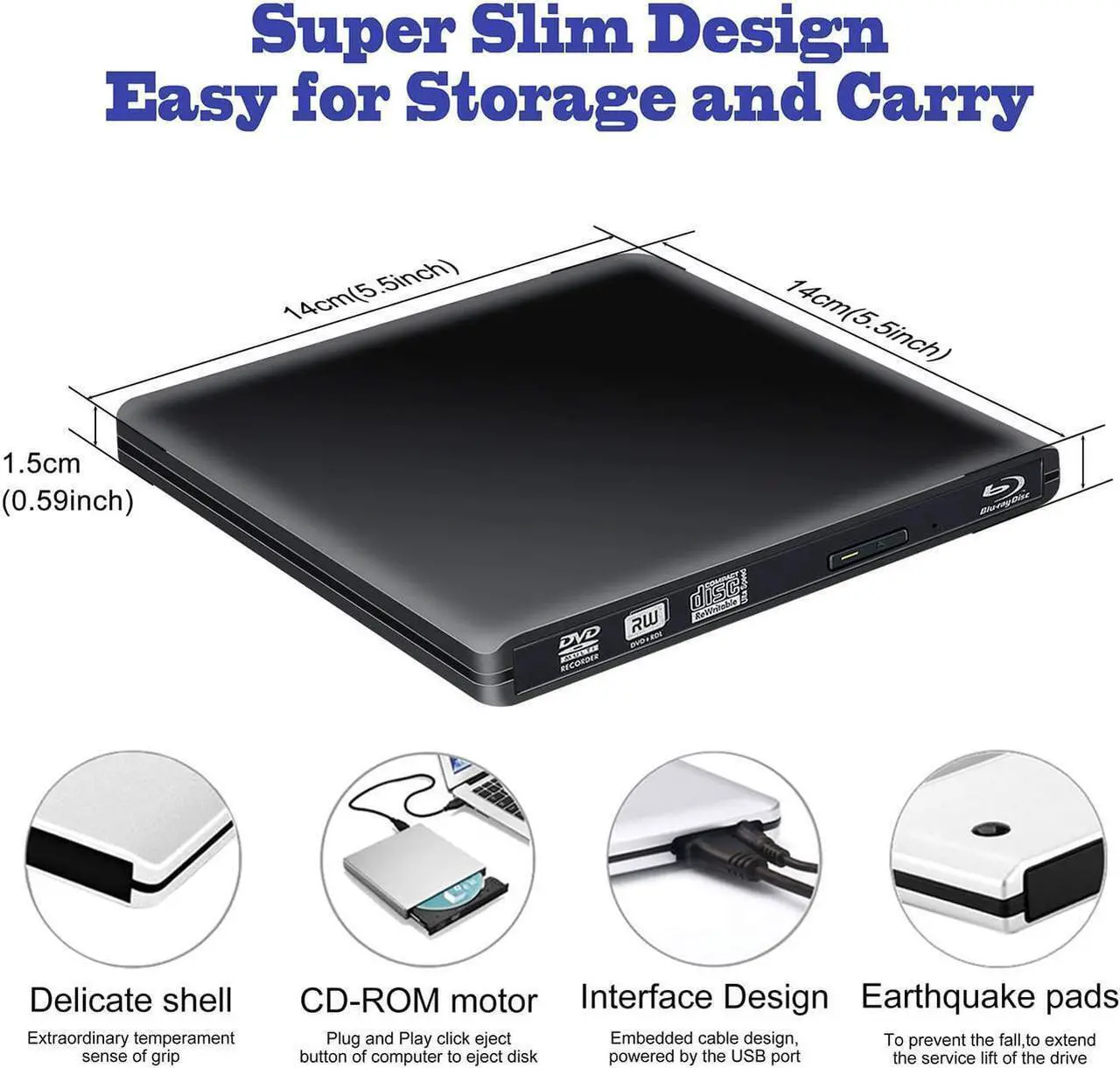 Alt view image 6 of 7 - Aluminum Slim USB 3.0/Type C External Blu-Ray Player Drive, Portable CD/DVD +/-RW Drive Ultra-Thin DVD/CD ROM Rewriter Burner For Laptop Desktop PC Windows Linux OS Apple Mac, Black